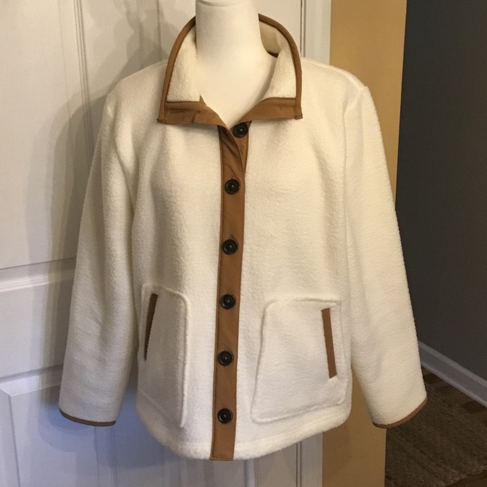 Croft and Barrow Cream Y2K Fleece Jacket with Tan Trim